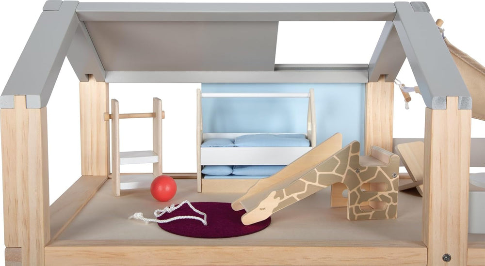 Lille fod, naturlig farve trædukkehus - 3-etagers med tagterrasse og 51-delt møbelsæt tilskynder til kreativ leg, velegnet til alderen 3+ 12541 Naty Shop dukkehuse