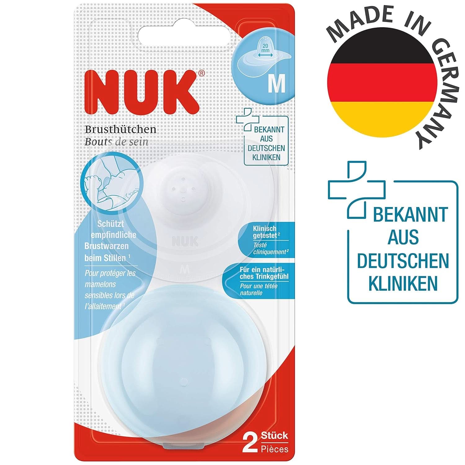 NUK Stillhütchen | Brusthütchen Zum Stillen | Schützt Vor Wunden Brustwarzen | Dünnes Silikon | Größe M (20Mm) | Inklusive Schutzdose | 2 Stück Babymad og ammetilbehør Naty Shop