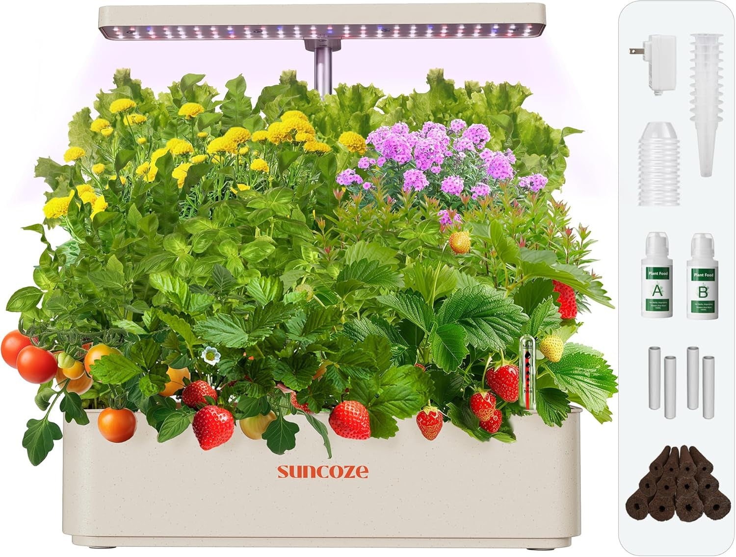 12 kapsler Hydroponic Grow System Kit, 24W LED indendørs havelampe, 4L vandtank med lydløs pumpe, højdejusterbar urteplanter, indendørs havearbejde, havegaver, beige