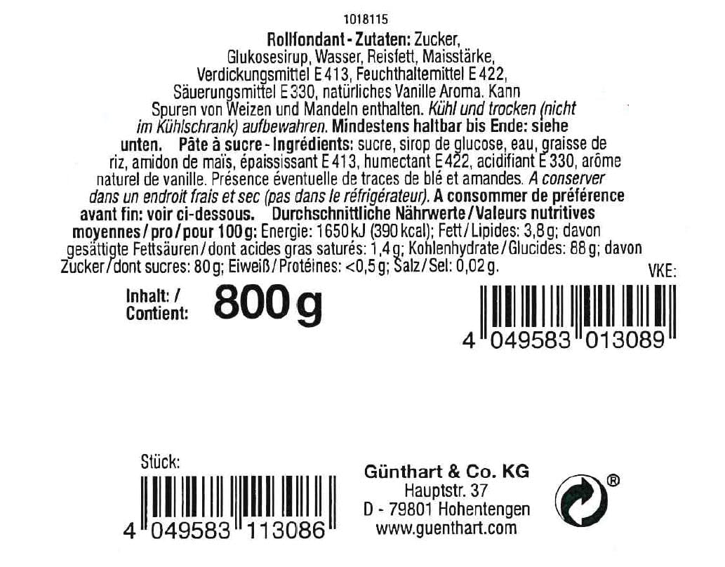 Günthart BackDecor 800 g fondant alb Masă decorativă albă pentru acoperire, glazurare prăjituri sau modelare, fără ulei de palmier, gata de utilizare și ușor de lucrat Pasta de zahar Naty Shop