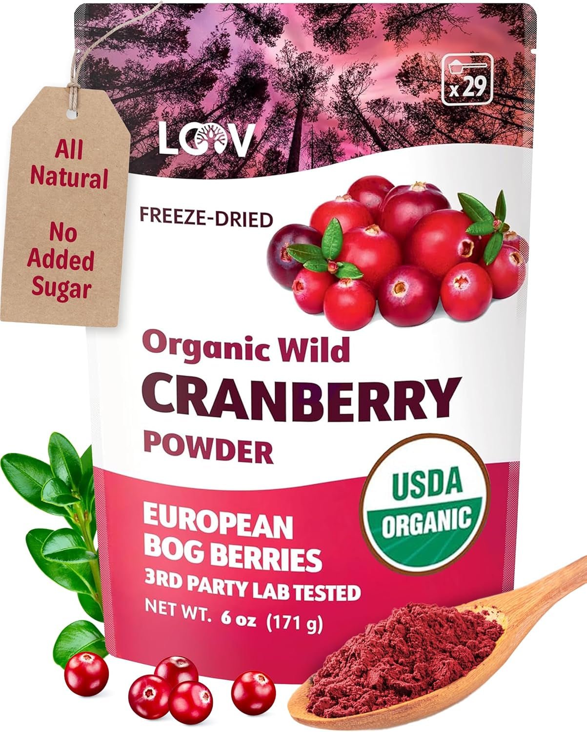 LOOV pulbere organică de afine, fabricată din afine sălbatice 100% întregi, liofilizate, recoltate în pădurile din nordul Europei, 113 g, fără zahăr adăugat Produse deshidratate Naty Shop 171 G Pulbere de merișor