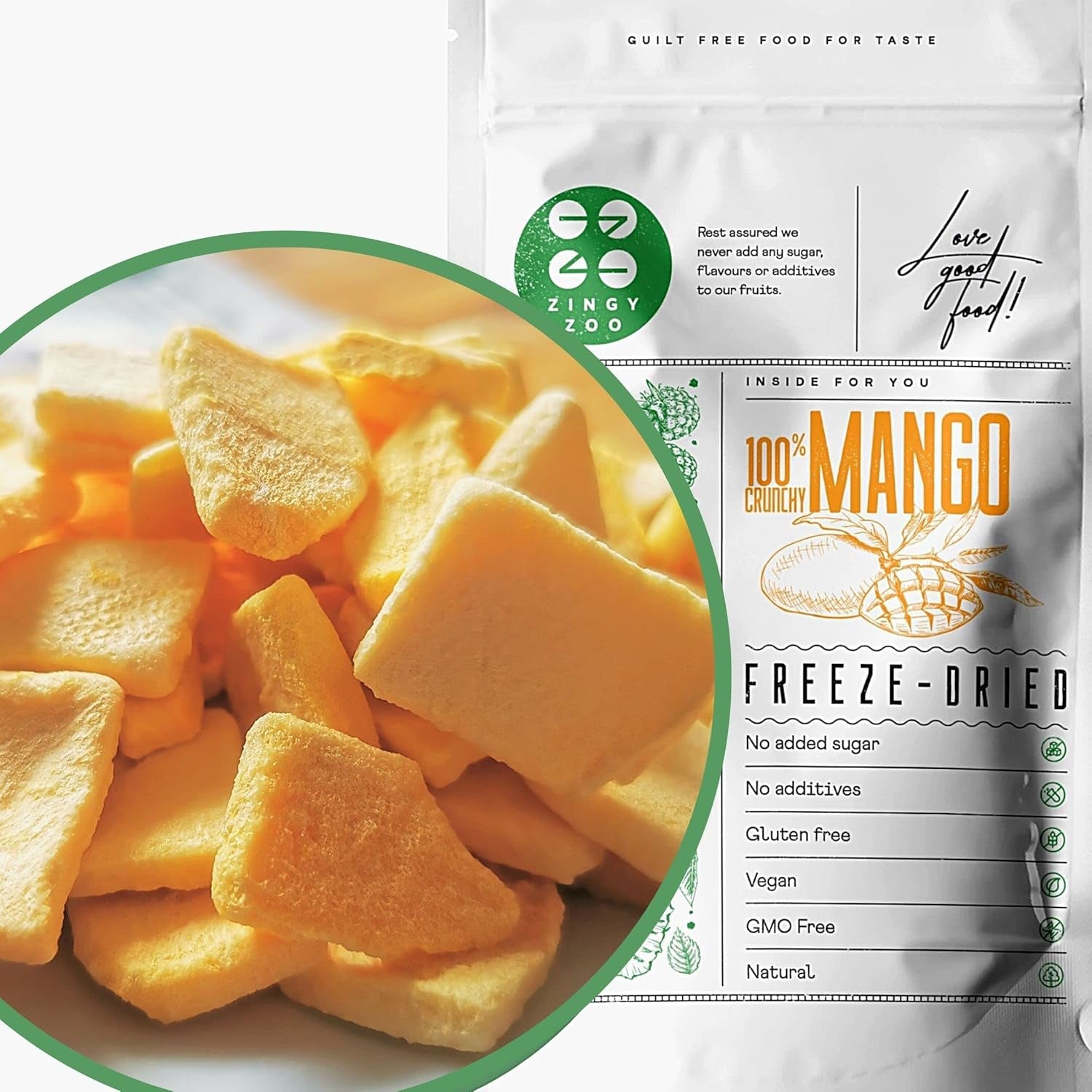 Mango liofilizat | Fără zahăr adăugat Mango liofilizat | Mango liofilizat Mango fructe Mango uscat | Mango uscat Fructe uscate fără aditivi | Mango uscat ZingyZoo (100g) Produse deshidratate Naty Shop Bucăți 100G