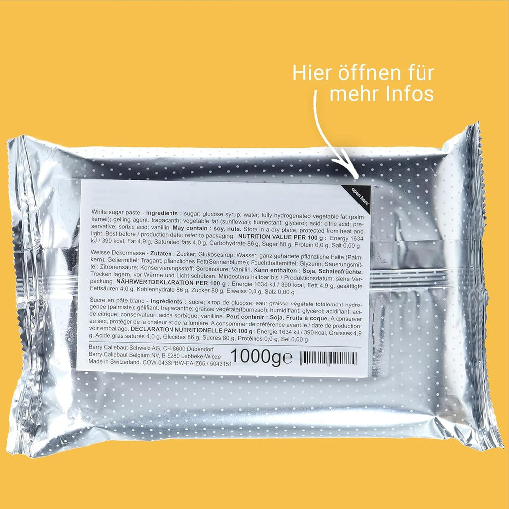 Massa Ticino Fondant White 2x 1kg - Pastă de zahăr premium pentru prăjituri decorative, fondant rulat - perfect pentru prăjituri, modelare și decorațiuni - fondant alb pentru brutari profesioniști și amatori Pasta de zahar Naty Shop