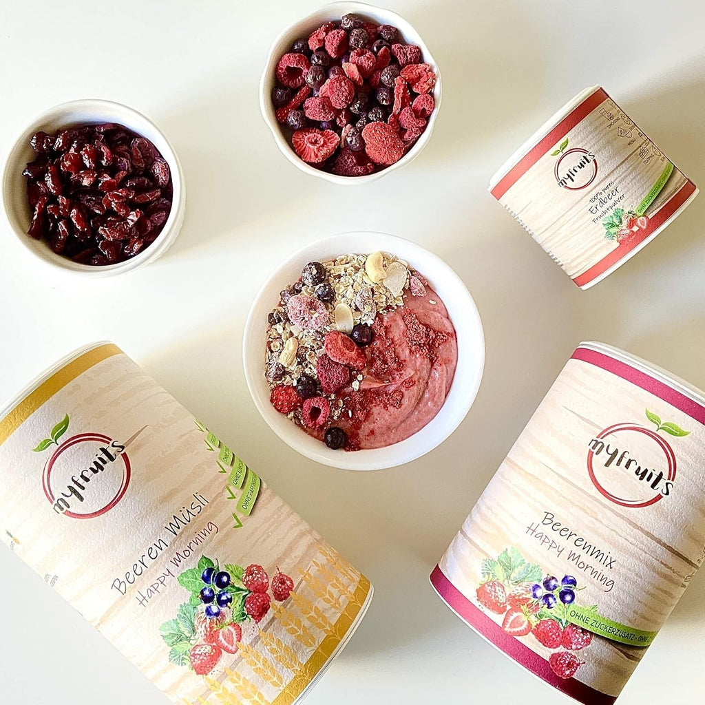 myfruits mix de fructe de pădure, 300g, mix de fructe și fructe de pădure liofilizate, fără zahăr adăugat, căpșuni, zmeură, coacăze roșii, mix de fructe uscate Produse deshidratate Naty Shop