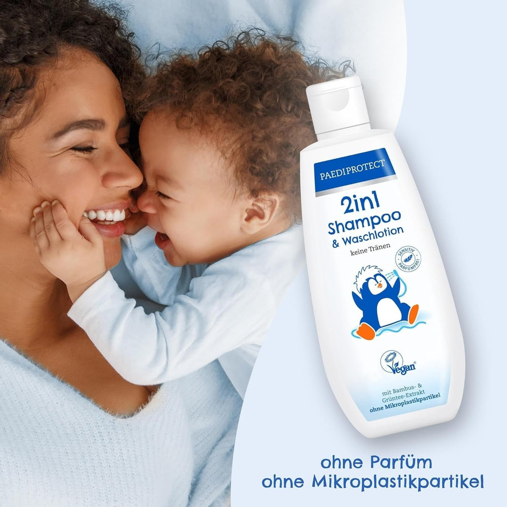 PAEDIPROTECT 2in1 șampon și loțiune de spălare pentru bebeluși și copii 200 ml, curățare delicată și păr fără parfum și microplastice, gelul de duș hidratează pielea uscată și sensibilă, de asemenea pentru adulți Copii - Baie si Skincare Naty Shop