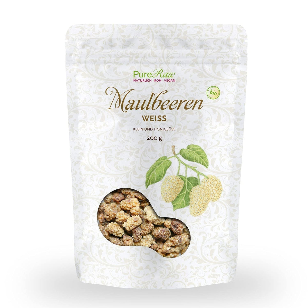 Premium Organic uscat (Raw Vegan) mure albe Morus Alba Mulberry Fruit - Fructe uscate fără adaos de zahăr din Turcia - Organic Raw White Mulberries Dried Fruit | PureRaw 200g Produse deshidratate Naty Shop 200G (1 pachet) Mure