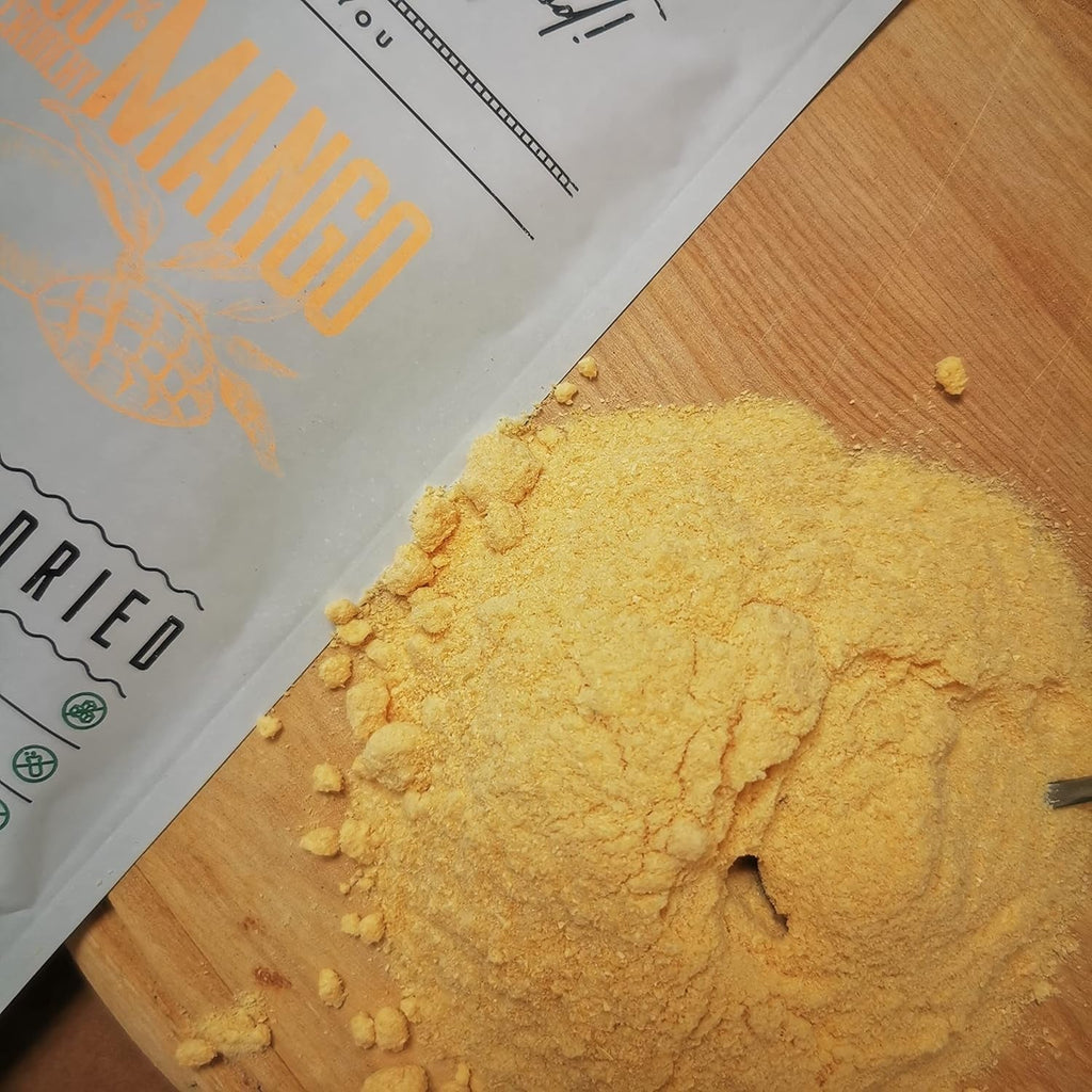 Pudră de mango liofilizată | Pudră de fructe fără zahăr adăugat liofilizată | Pudră de fructe de mango liofilizată Mango liofilizat | Mango liofilizat Polvere fără aditivi | ZingyZoo (100g) Produse deshidratate Naty Shop