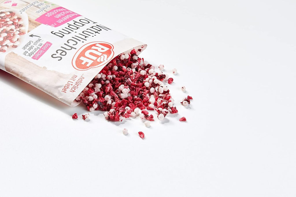 RUF Topping natural cu zmeură, cireșe, chipsuri de orez, fără aditivi artificiali, amestec de fructe pentru terci și produse de patiserie, fără gluten, vegan, 15g (pachet de 3) Produse deshidratate Naty Shop