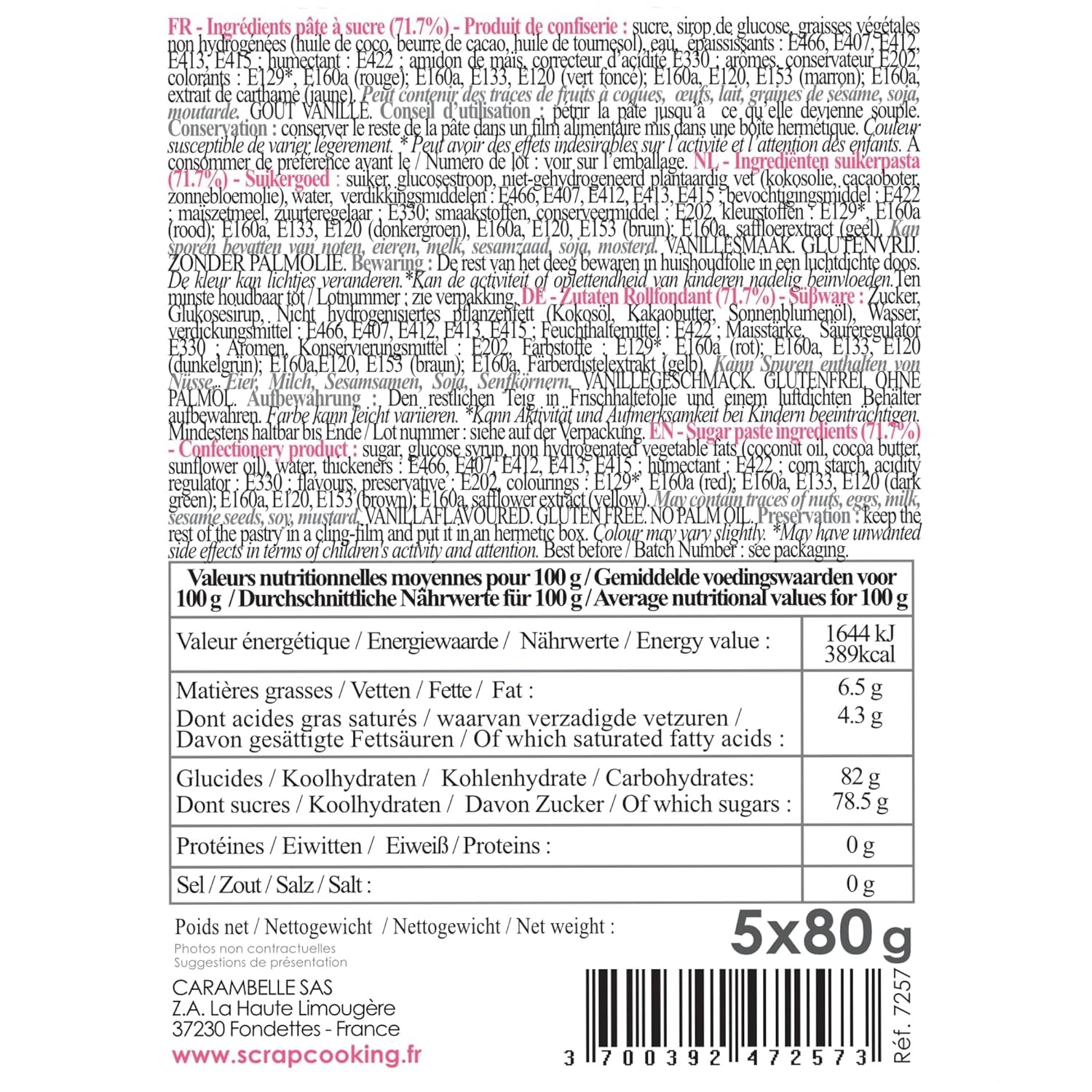 ScrapCooking - Set de 5 Fondant - alb, galben, roșu, verde și maro - 5 x 80g - pastă de zahăr pentru prăjituri Decorațiuni pentru torturi Ziua de naștere Crăciun - fără gluten și fără ulei de palmier - 7257 Pasta de zahar Naty Shop
