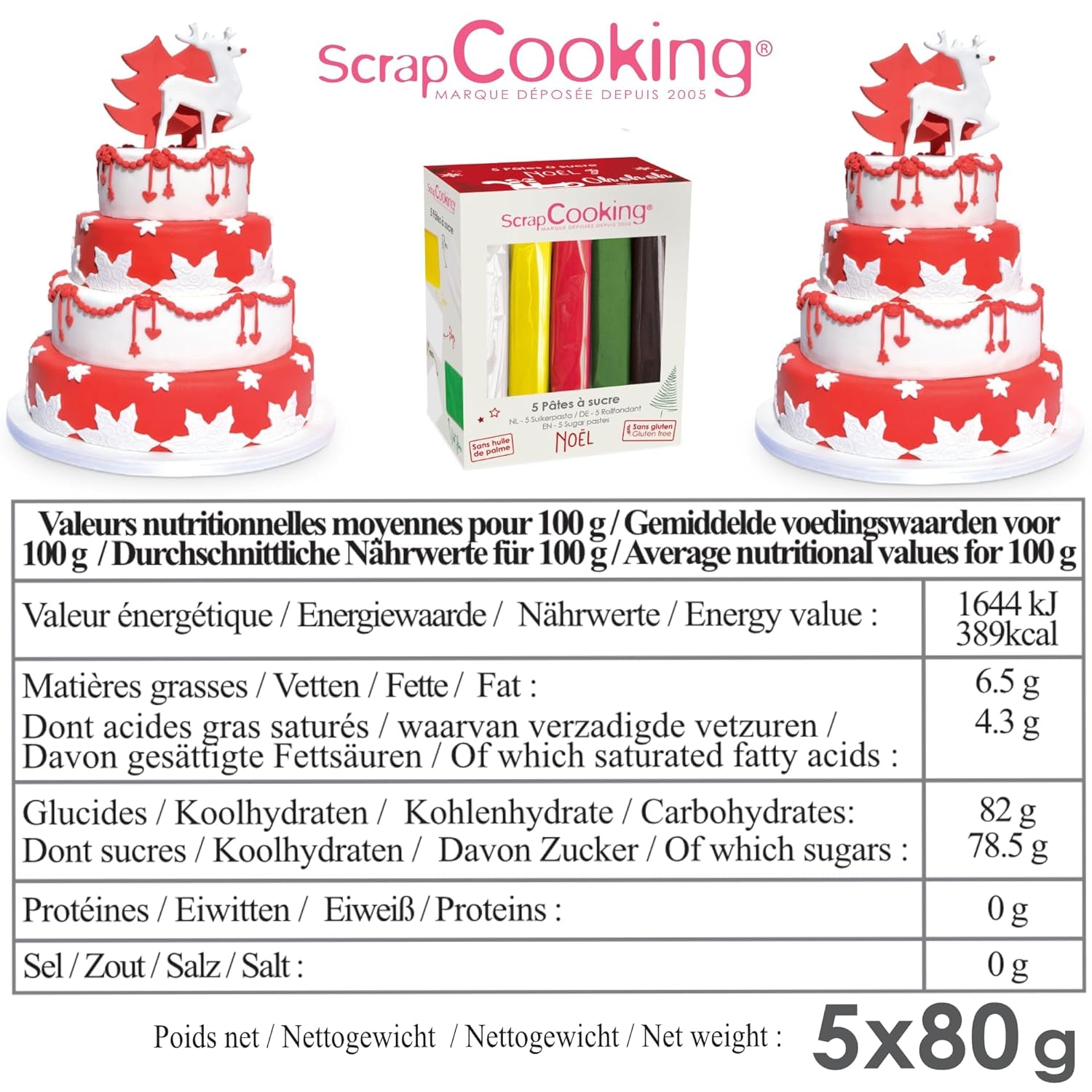 ScrapCooking - Set de 5 Fondant - alb, galben, roșu, verde și maro - 5 x 80g - pastă de zahăr pentru prăjituri Decorațiuni pentru torturi Ziua de naștere Crăciun - fără gluten și fără ulei de palmier - 7257 Pasta de zahar Naty Shop