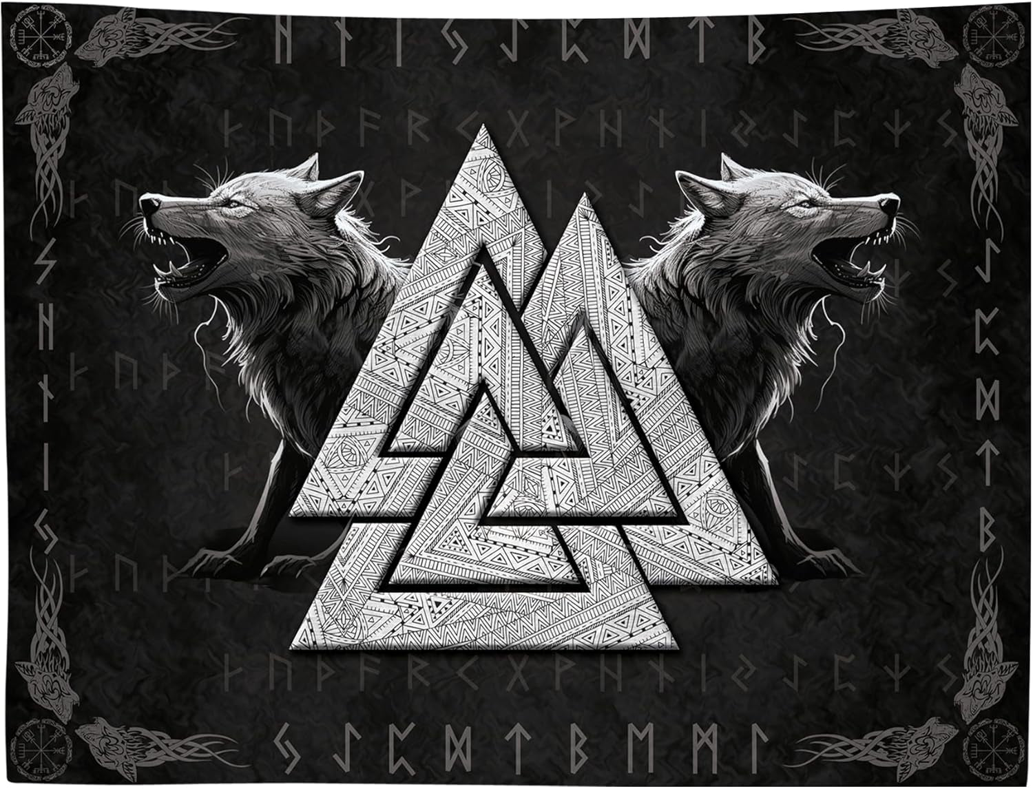 Tapiserie viking wolf totem negru alb meditatie rune Casa - Accesorii si Decoratiuni Naty Shop 300L X 180B Cm