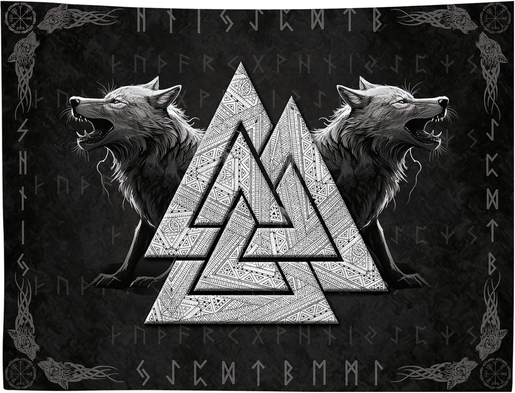Tapiserie viking wolf totem negru alb meditatie rune Casa - Accesorii si Decoratiuni Naty Shop 300L X 180B Cm