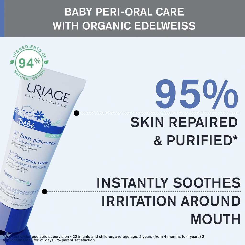 Uriage Baby Peri-Oral Care with organic precious white & copper-zinc 30ml - Calmează imediat iritațiile - Repară și curăță pielea - Se absoarbe rapid - Fără parfum - 94% ingrediente de origine naturală Copii - Baie si Skincare Naty Shop